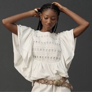 Anthropologie Ivory Crochet-Smock Flutter Sleeve Blouse